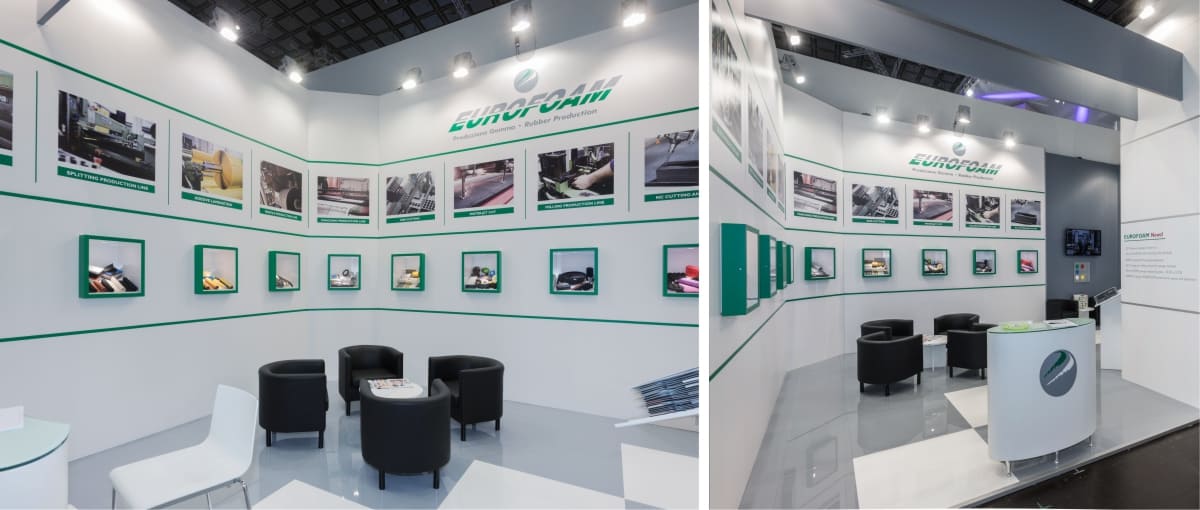 L'immagine raffigura un caso reale di allestimento fieristico: l'allestimento dello stand Eurofoam Technical Rubber realizzato in occasione di una precedente edizione della fiera K Kappa di Düsseldorf. L'immagine è formata da due foto. Ciscuna mostra una panoramica sulla parte espositiva interna e sulle zone di incontro con i clienti.