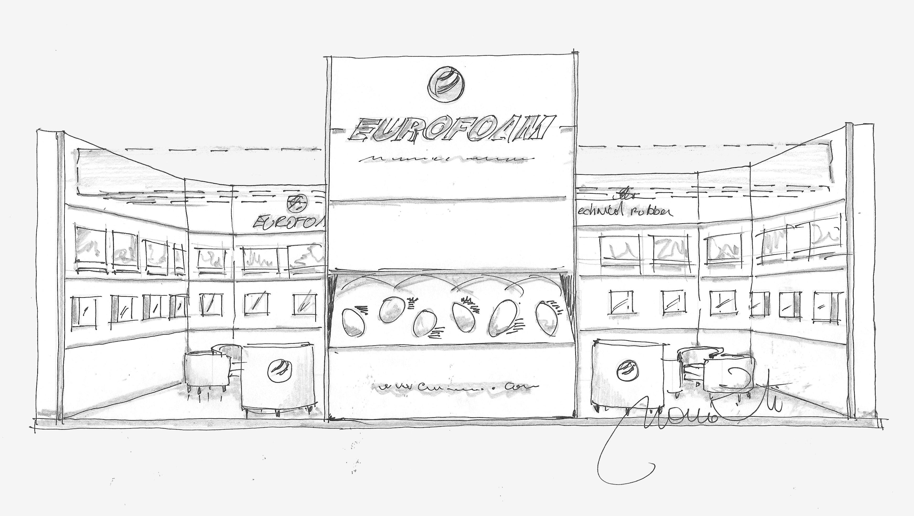 L' immagine raffigura un caso reale di allestimento fieristico: l' allestimento dello stand Eurofoam Technical Rubber progettato in occasione di una precedente edizione della fiera K Kappa di Düsseldorf. L' immagine è un disegno progettuale fatto a mano che mostra una  panoramica presa da Sud nella quale si nota la scelta di progettare la parete curva interna che raccorda i prodotti forniti dalle due aziende che lavorano in sinergia tra loro.