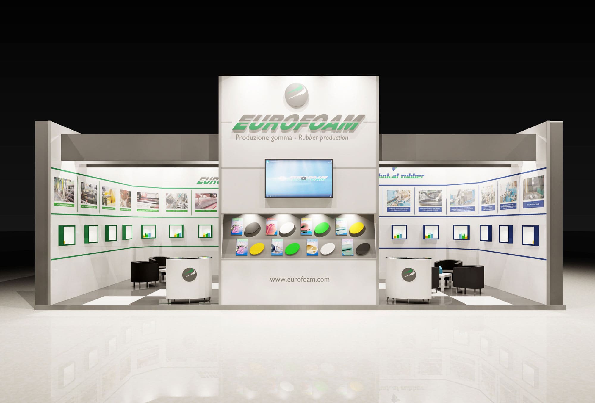 L' immagine raffigura un caso reale di allestimento fieristico: l' allestimento dello stand Eurofoam Technical Rubber realizzato in occasione di una precedente edizione della fiera K Kappa di Düsseldorf. L'immagine è un rendering dello stand ripreso da Sud che mostra una panoramica sulle scelte di progettazione fatte e in base alle quale è stata ricreata una parete curva interna che raccorda i prodotti forniti dalle due aziende che lavorano in sinergia tra loro.