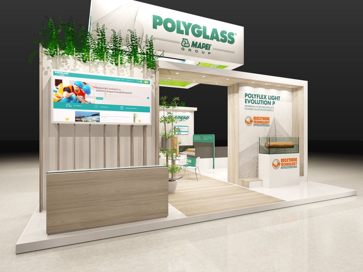 Allestimenti fieristici Madeexpo Milano casi reali: L'allestimento stand realizzato per Polyglass L'immagine raffigura un caso reale di allestimento fieristico: l'allestimento dello stand Polyglass realizzato per Made Expo di Milano. In particolare, nell'imagine si vede l'ingresso sul lato Sud