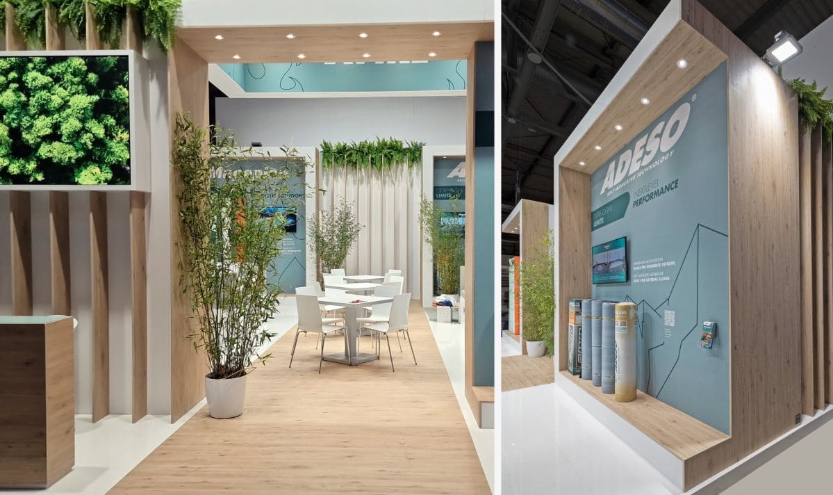 Allestimenti fieristici Madeexpo Milano casi reali: L'allestimento stand realizzato per Polyglass L'immagine raffigura un caso reale di allestimento fieristico: l'allestimento dello stand Polyglass realizzato per Made Expo di Milano. In particolare, nell'imagine si vedono due inquadrature. La prima a sinistra mostra un particolare dell'ingresso; la seconda a destra mostra un particolare di un'area espositiva.