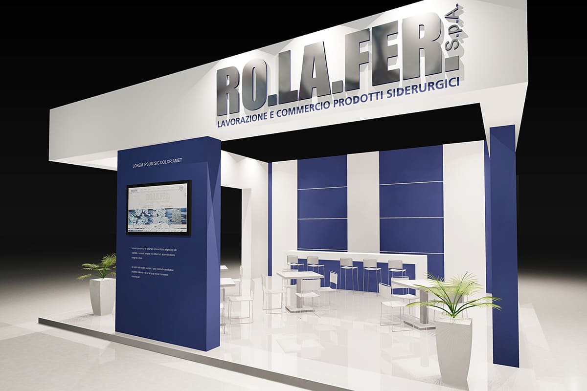 L'immagine raffigura un caso reale di allestimento fieristico: il progetto di allestimento dello stand Rolafer SpA progettato per Made in Steel di Milano. La foto mostra una delle tavole di progetto con vista da Sud