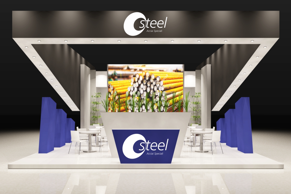 Allestimenti fieristici Made in Steel Milano casi reali: L'allestimento stand realizzato per Rolafer L'immagine raffigura un caso reale di allestimento fieristico: l'allestimento dello stand Steel SpA realizzato per Made in Steel di Milano. L'immagine mostra progetto dello stand da Sud