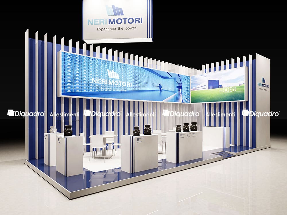 Allestimenti fieristici Mec Spe Parma casi reali: progetto di allestimento stand realizzato per Neri Motori Questa immagine raffigura il caso reale dell' allestimento fieristico progettato per Neri Motori da Diquadro allestitori fiere in occasione di una precedente edizione di Mec Spe di Parma. L' immagine raffigura il progetto fotorealistico dello stand. Si notano la zona espositiva realizzata su piani retroilluminati per i prodotti Neri Motori, la zona incontri alle sue spalle e le pareti sul fondo lavorate ad elementi verticali, all' interno dei quali sono stati inseriti sia la grafica retroilluminata che il ledwall