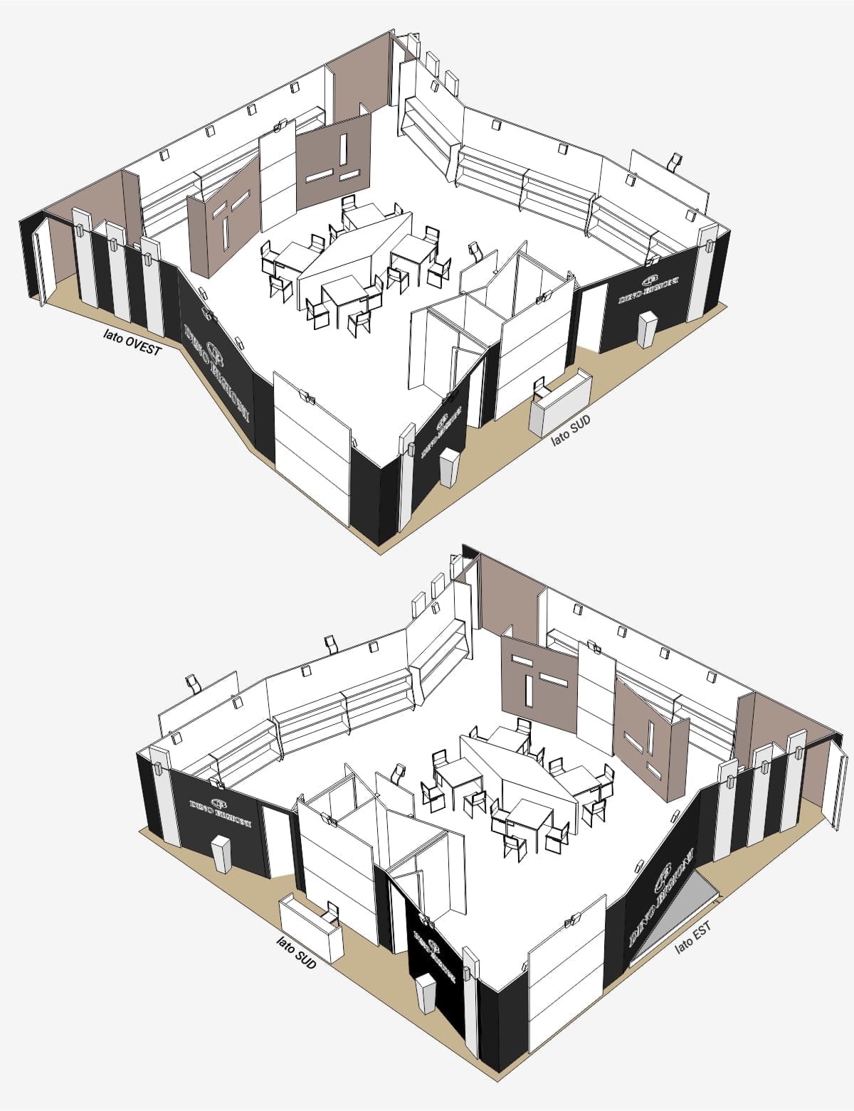 In quest' ultima immagine l' allestimento dello stand Dino Bigioni realizzato da Diquadro per la fiera Micam di Milano si può vedere una larga panoramica sull' ingresso allo stand, con le due porte rifinite con maniglioni in metallo, il punto ricezione, i porta vasi e i loghi rivestiti in metallo satinato che spiccano sulla laccatura nero lucido delle pareti.