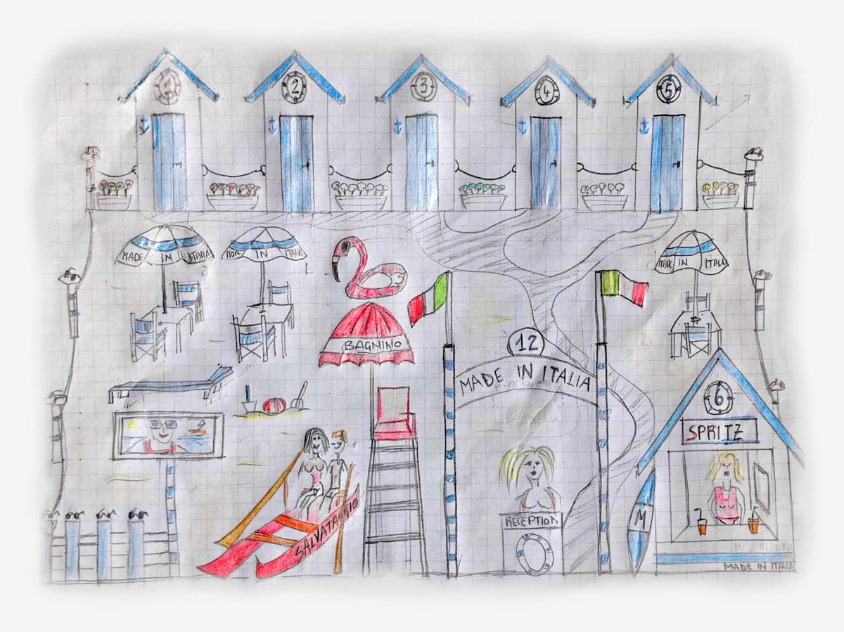Allestimenti fieristici Mido Milano casi reali: la bozza di progetto dell'allestimento stand fieristico realizzato per L'Amy Group In questa seconda immagine vediamo il primo bozzetto dello stand: un semplice disegno fatto a mano che tratteggia le varie parti essenziali dello stand progettato da Diquadro allestitori fiere in occasione di una precedente edizione di Mido di Milano. Il progetto dello stand qui raffigura le parti principali dell'allestimento: le cabine, il bar, l'esposizione, l'ingresso, i tavoli con gli ombrelloni.