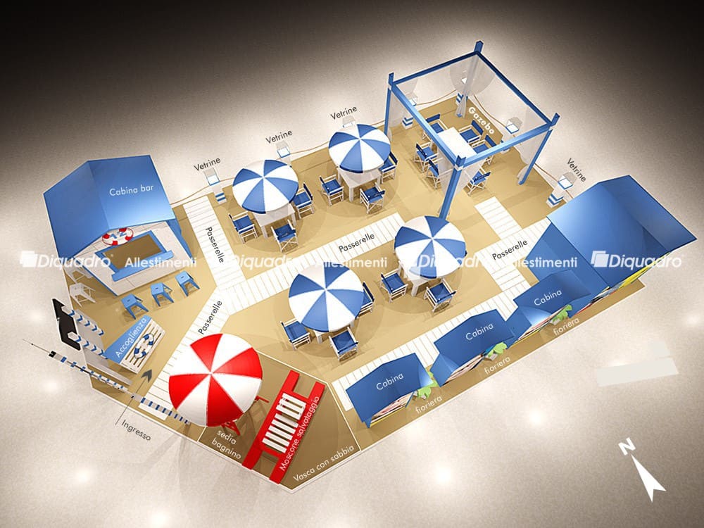Questa terza immagine dell' allestimento fieristico Made in Italia by L'Amy Group realizzato da Diquadro per la fiera Mido di Milano mostra il progetto dello stand in una vista dall'alto. In queste immagini di stand si coglie bene come l'allestimento sia stato organizzato in pianta. Il lato Sud vede collocate le cabine; il lato nord invece, il piccolo gazebo che funge da ufficio e poi la cabina bar; ad Ovest abbiamo l'ingresso e ad Est la piccola esposizio di prodotti.