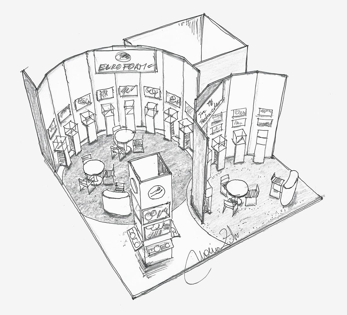 L'immagine raffigura un caso reale di allestimento fieristico: l'allestimento dello stand Eurofoam Technical Rubber progettato in occasione di una precedente edizione della fiera Plast di Milano. L' immagine è un disegno progettuale preparatorio, fatto a mano, che mostra una panoramica aerea dello stand presa da Sud Ovest nella quale si distingue bene come sia stato roganizzato tutto l'allestimento: uffici, esposizione, grafica, ecc.