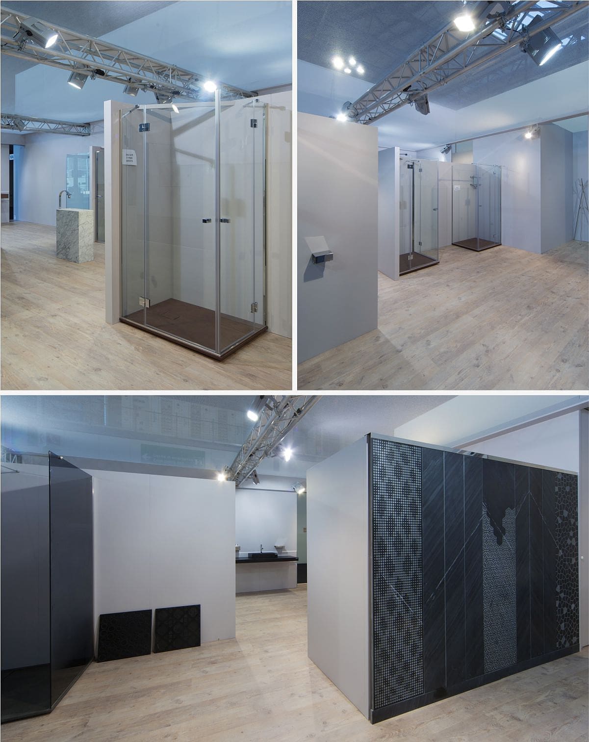 L'immagine raffigura un caso reale di allestimento fieristico: l'allestimento dello stand Bianchi & Fontana realizzato per Salone del Mobile e Salone del Bagno di Milano. L'immagine mostra una triade di foto riprese all'interno dello stand con particolare attenzione all'esposizione ed alla lavorazione con pietra naturale