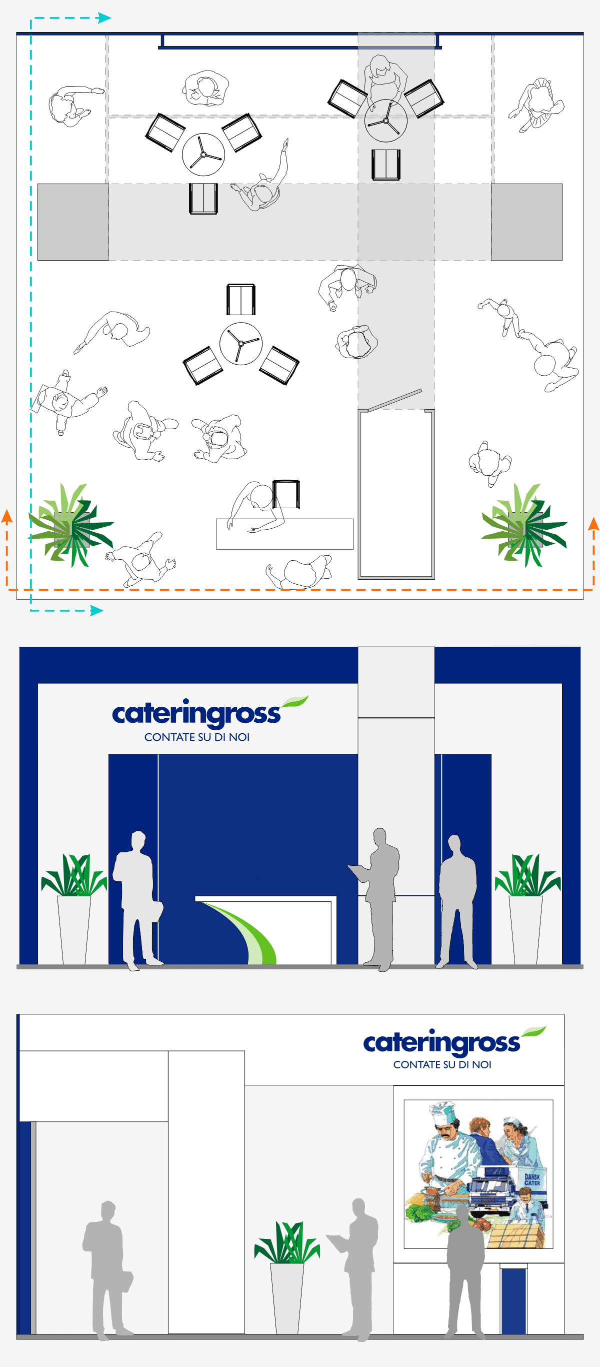 Allestimenti fieristici per Sigep di Rimini casi reali: L'allestimento stand realizzato per Cateringross L'immagine raffigura un caso reale di allestimento fieristico: l'allestimento dello stand Cateringross realizzato per fiera Sigep di Rimini. L'immagine ci mostra il progetto dello stand. In particolare mostra la planimetria e due viste in sezione che illustrano il progetto dello stand.