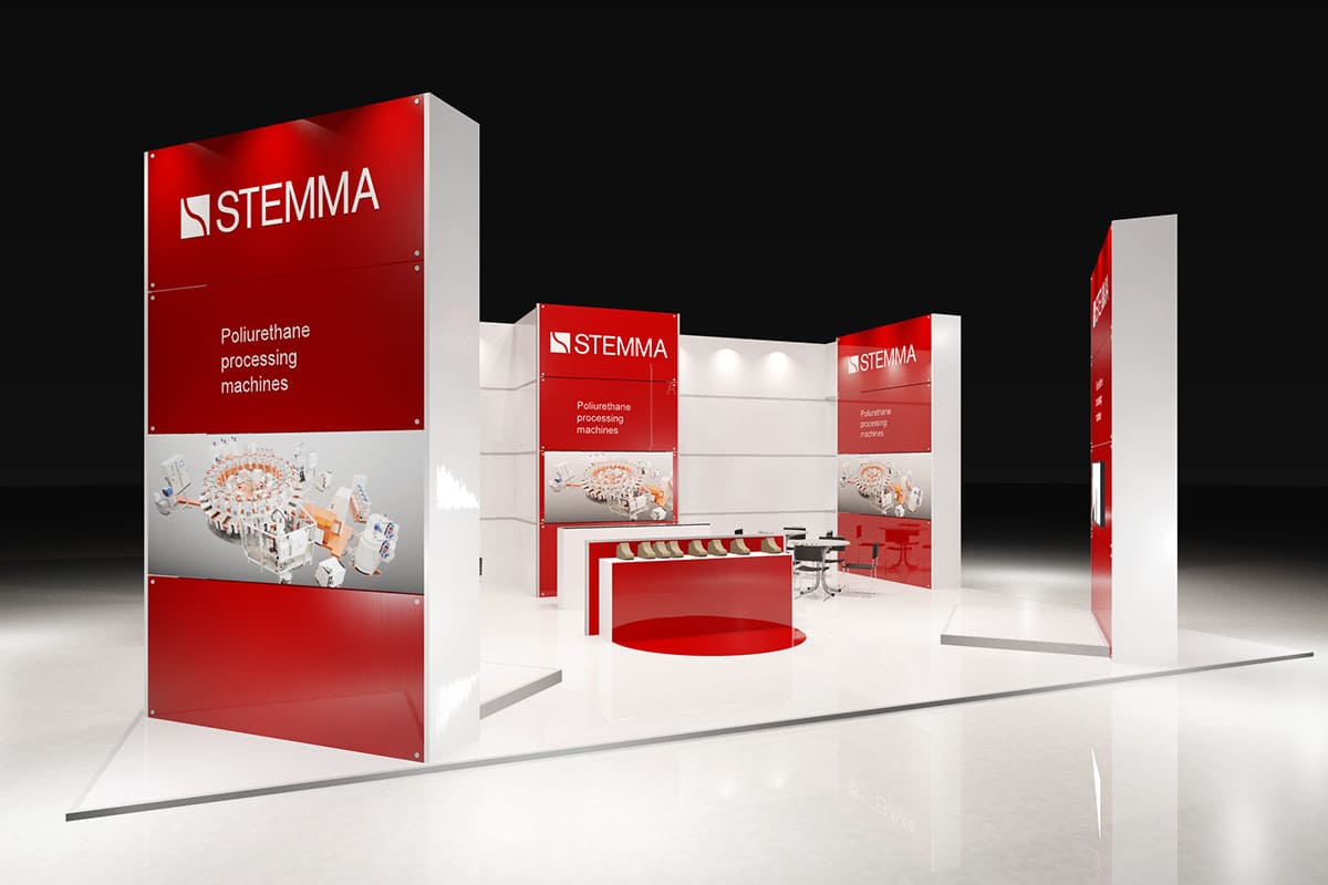 L'immagine raffigura un caso reale di allestimento fieristico: l'allestimento dello stand Stemma progettato per fiera Simac Tanning Tech di Milano. L'immagine ci mostra una vista esterna del progetto dello stand. In particolare, ci mostra il modello 3D dello stand visto da Sud.